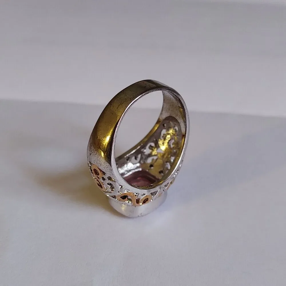 VTG Style Signed 18KGE Ornate Filigree Faceted Pink Glass Stone Ring Size 8.5